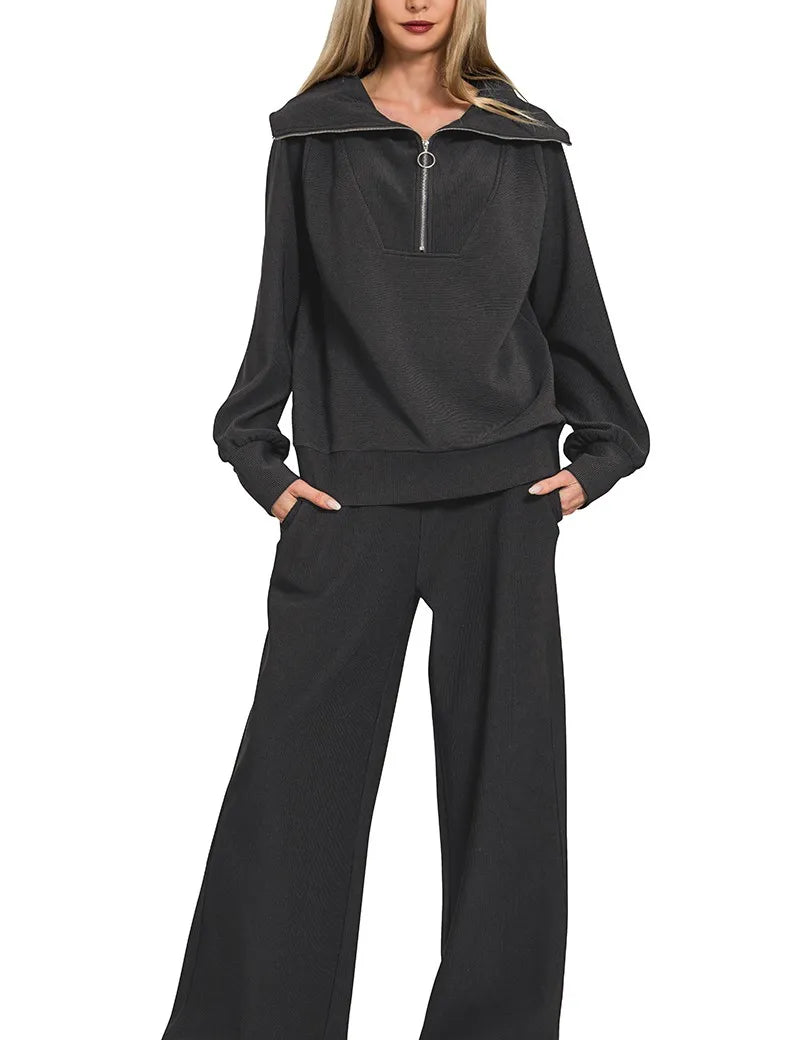 Zenana Ribbed High Neck Half Zip Pullover & Pants Set | Loungewear Sets Daverri Fashions