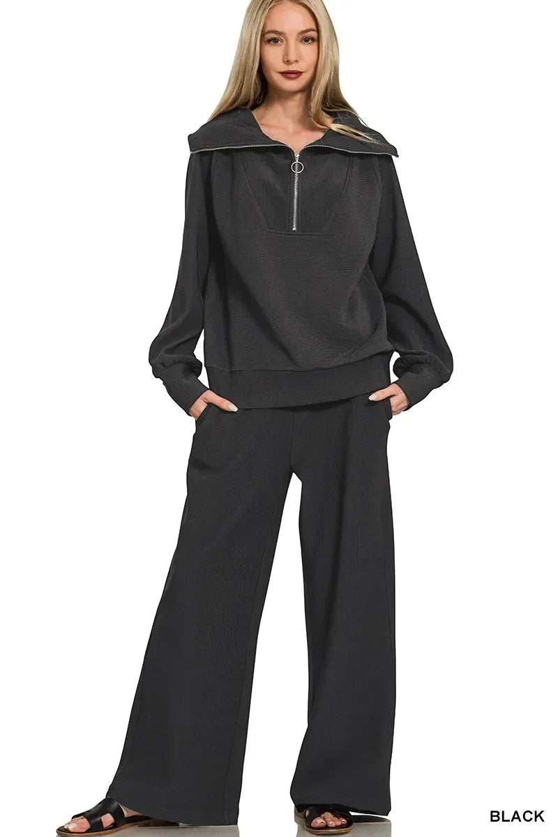 Zenana Ribbed High Neck Half Zip Pullover & Pants Set - DAVERRI FASHIONS