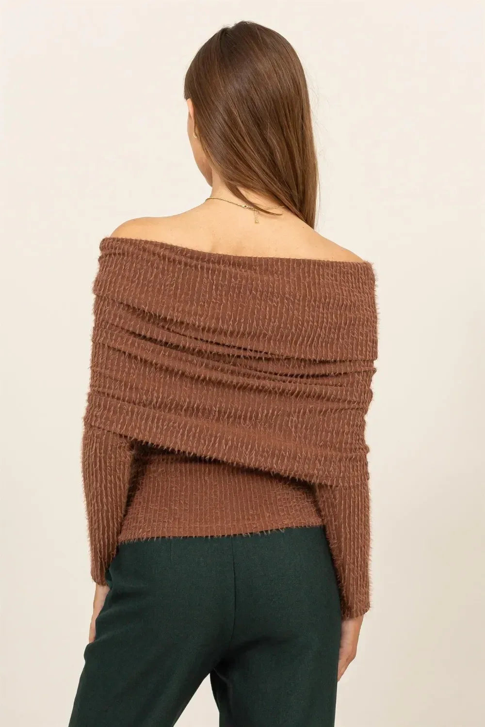 HYFVE Fuzzy Off Shoulder Textured Knit Top - DAVERRI FASHIONS