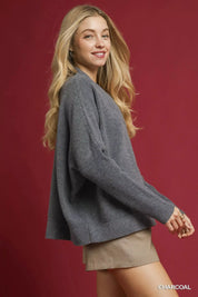 Umgee V-Neck Sweater with Wide Trim Detail | Sweaters Daverri Fashions