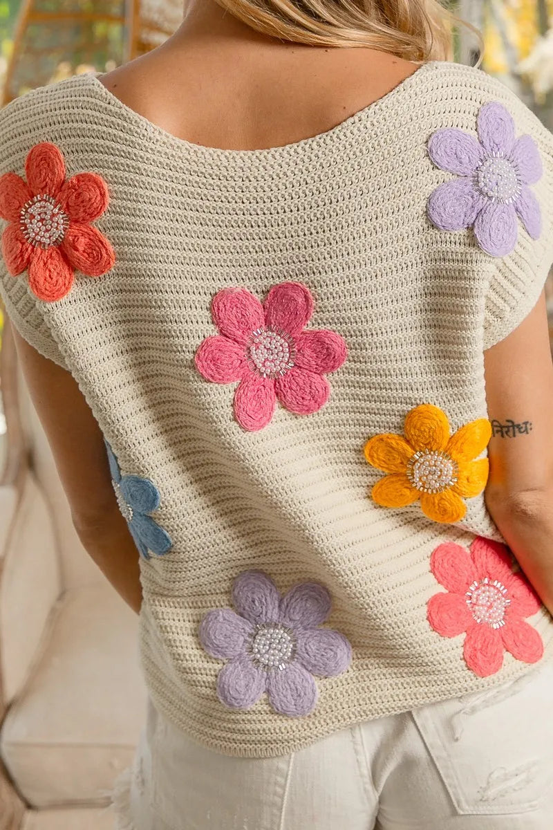 BiBi Multi Jeweled Crochet Flower Patch Sweater Vest Sweaters