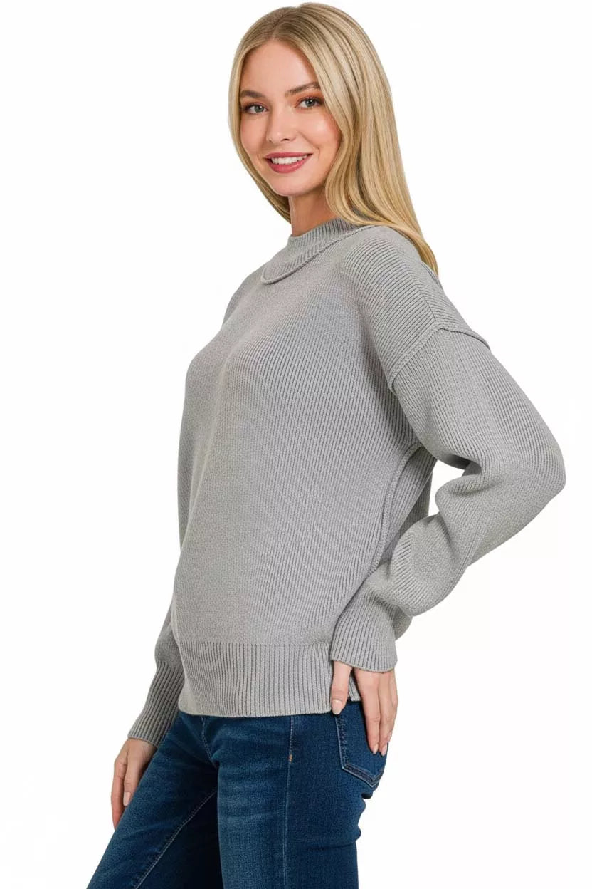 Grey ribbed Zenana mock neck drop shoulder sweater