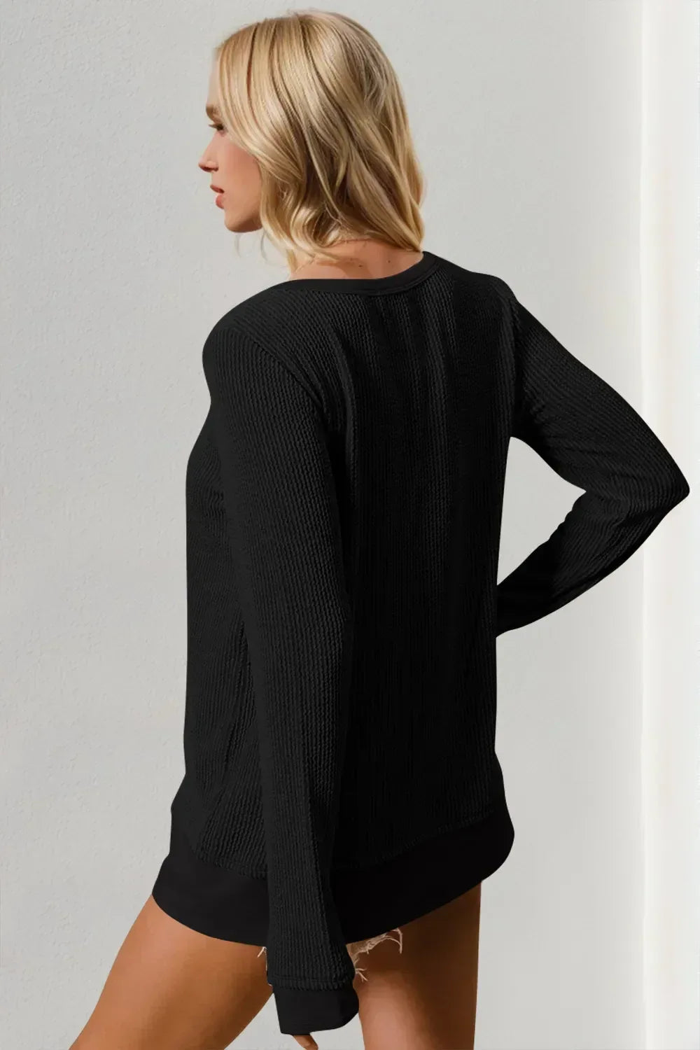Double Take Corded Rib Thumbhole Cuff Round Neck T-Shirt - DAVERRI FASHIONS