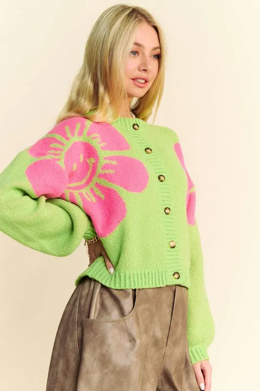 Davi & Dani Flower Contrast Round Neck Long Sleeve Cardigan | Cardigans Daverri Fashions