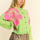 Davi & Dani Flower Contrast Round Neck Long Sleeve Cardigan - DAVERRI FASHIONS
