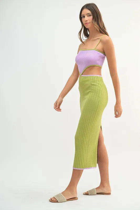 MABLE Lime Ribbed Knit Color Block Cutout Midi Dress Midi Dresses