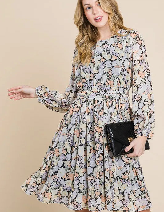 BLACK FLORAL Lime 'N' Chili Chiffon Floral Print Belted Dress with Back Zipper | Daverri Fashions