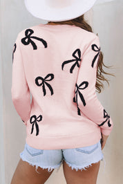 Light Pink Bow Pattern Knitted Loose Fit Sweater | Sweaters Daverri Fashions