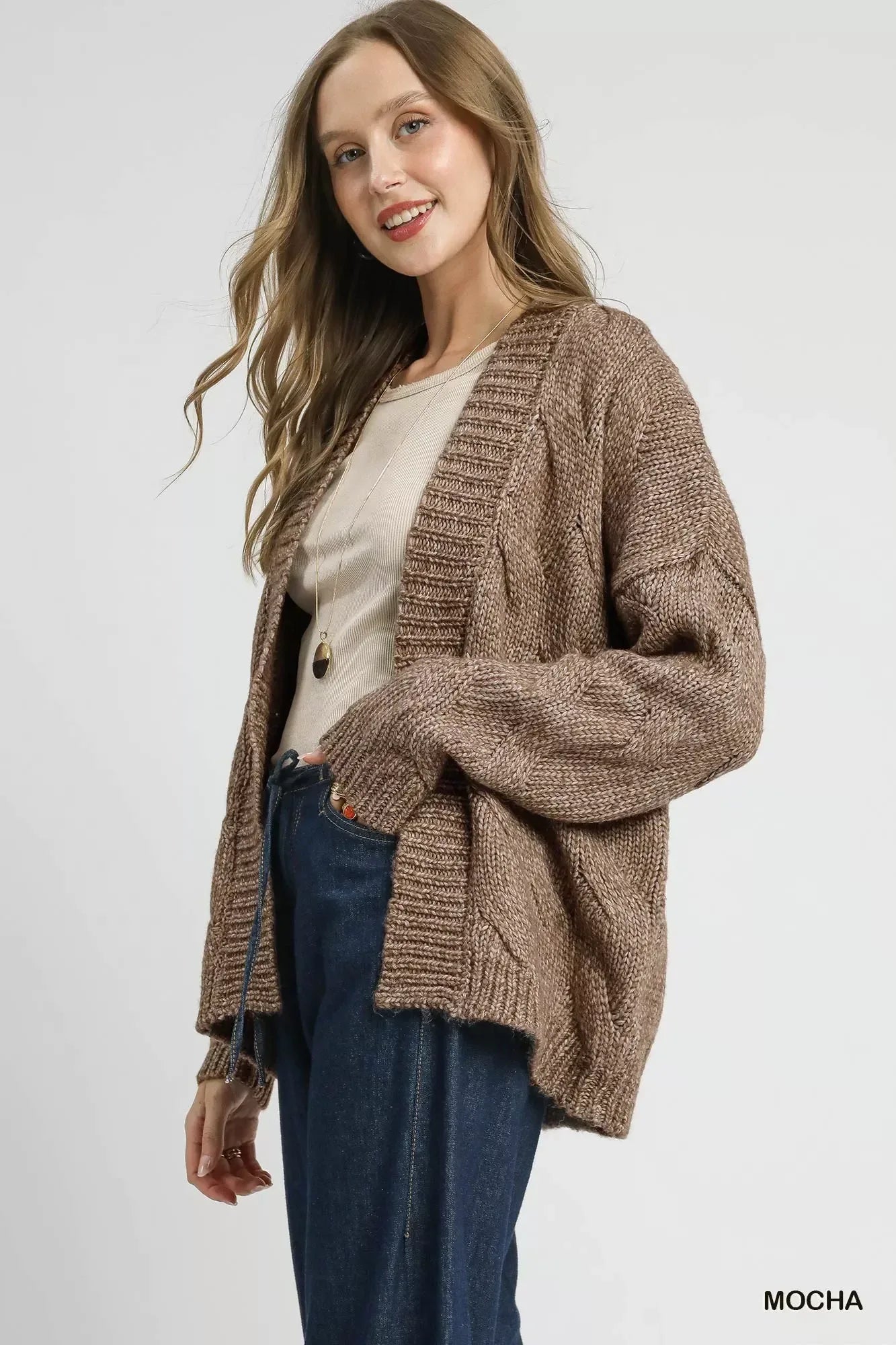 Umgee Chunky Cable Knit Open Front Cardigan - DAVERRI FASHIONS