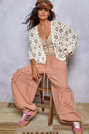 POL Openwork V-Neck Chenille Cardigan with Contrast Floral | Cardigans Daverri Fashions
