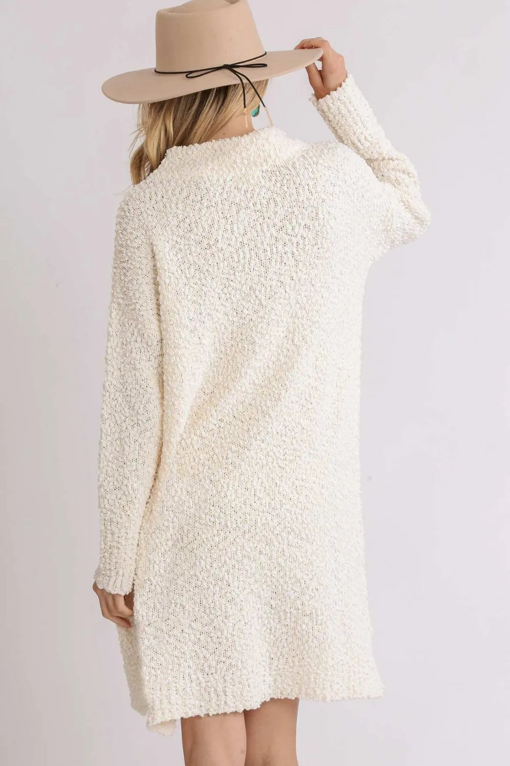 Umgee Full Size High Low Long Sleeve Boucle Sweater Dress Plus Size | Daverri Fashions