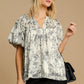 Umgee Full Size Floral Print Metallic Ruffle Blouse Plus Size Black Blouses