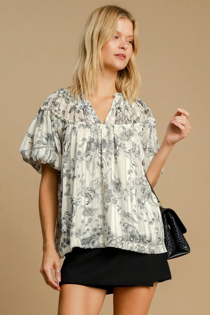 Umgee Full Size Floral Print Metallic Ruffle Blouse Plus Size Black Blouses