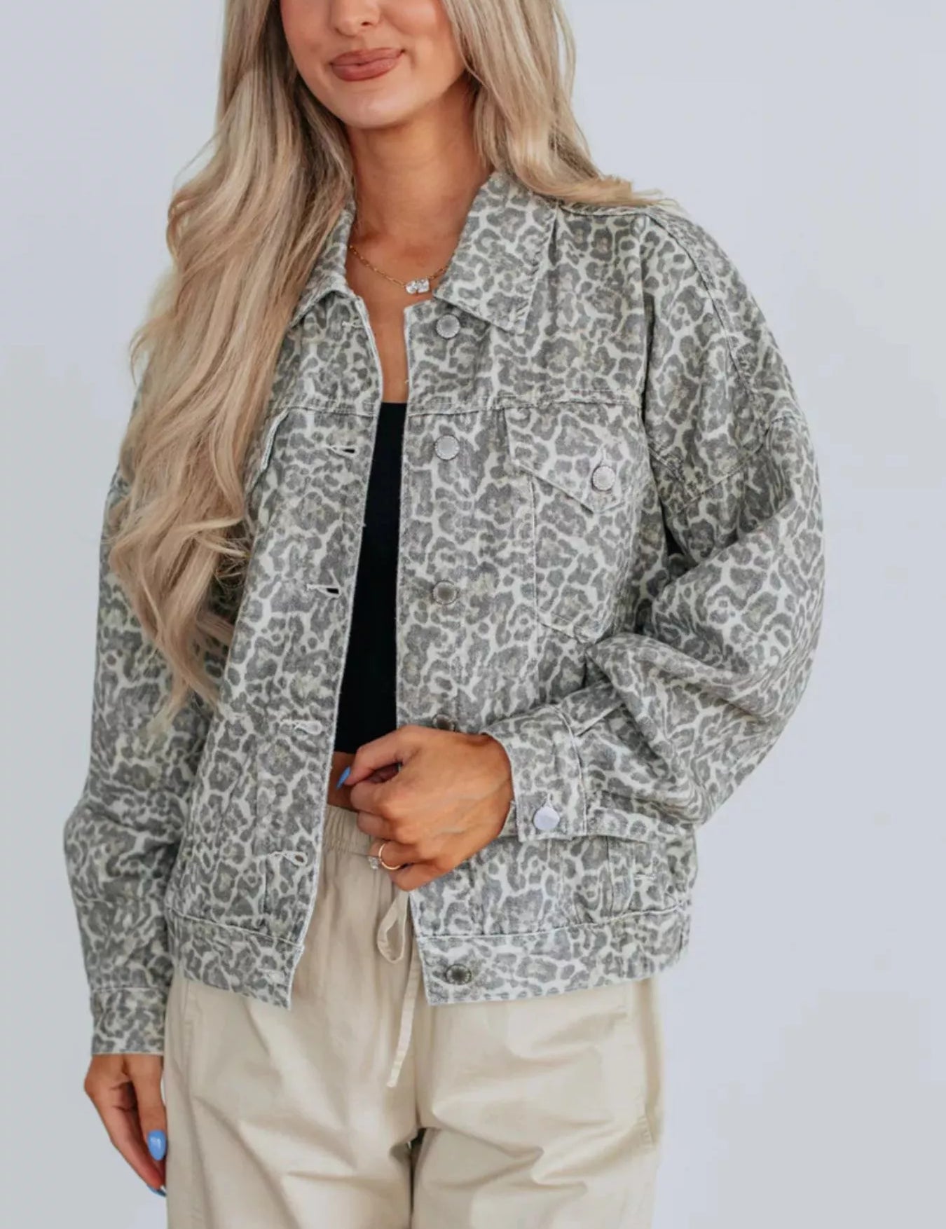 Gray Leopard Button Up Denim Jacket | Denim Jackets Daverri Fashions