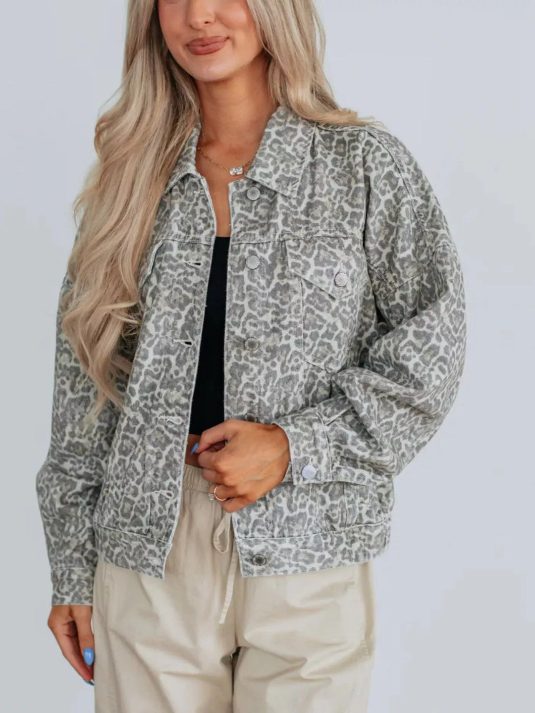 Gray Leopard Button Up Denim Jacket | Denim Jackets Daverri Fashions