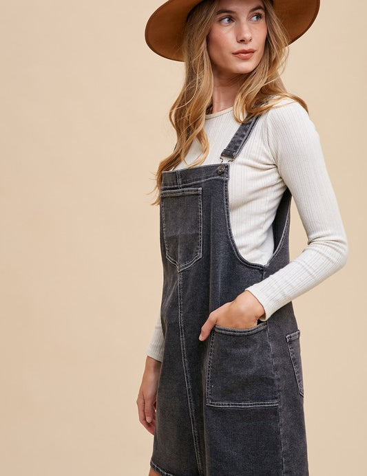 Annie Wear Wide Strap Denim Overall Dress with Pockets Mini Dresses