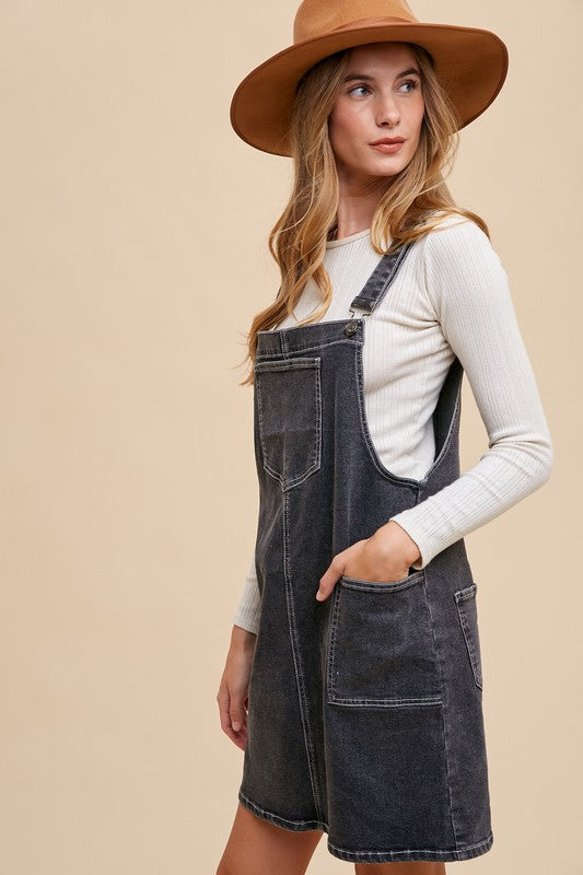 Annie Wear Wide Strap Denim Overall Dress with Pockets Mini Dresses