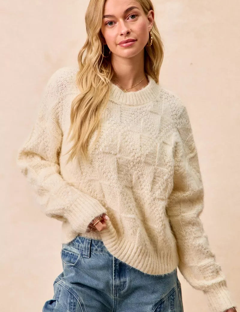 IVORY BiBi Checker Board Drop Shoulder Sweater | Sweaters Daverri Fashions