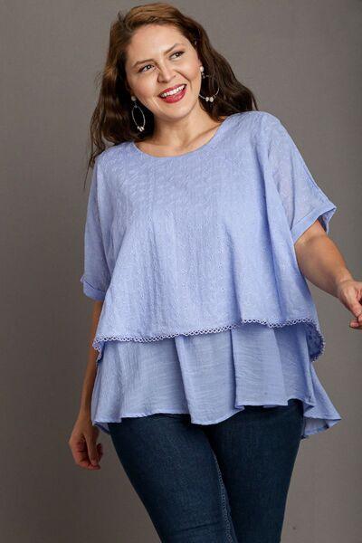 Umgee Full Size Eyelet Layered Short Sleeve Blouse Plus Size Blouses