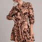 Umgee Two Tone Floral Print Puff Sleeve Tie Waist Dress Mini Dresses