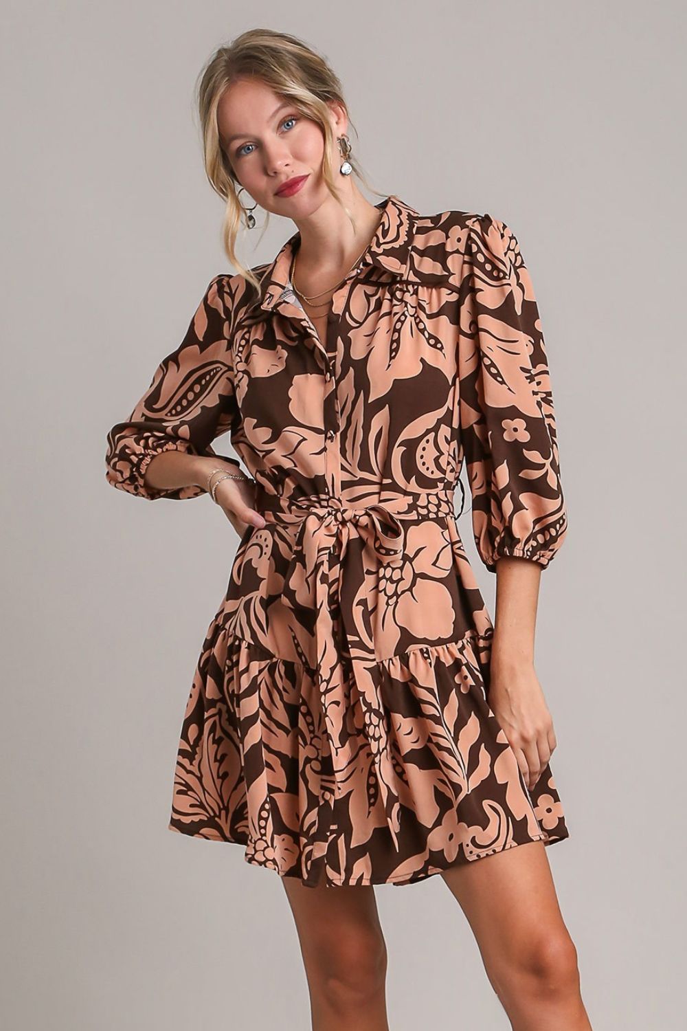 Umgee Two Tone Floral Print Puff Sleeve Tie Waist Dress Mini Dresses