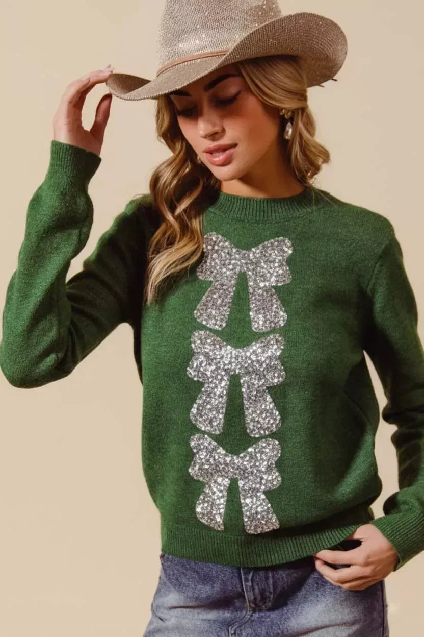 SO ME Sequins Bow Ribbon Embellished Christmas Sweater - DAVERRI FASHIONS