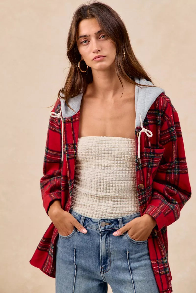 BiBi Brushed Plaid Hooded Jacket | Jackets Daverri Fashions