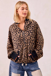 BiBi Leopard Print Waffle Half Zip Up Hoodie W Pocket | Hoodies Daverri Fashions
