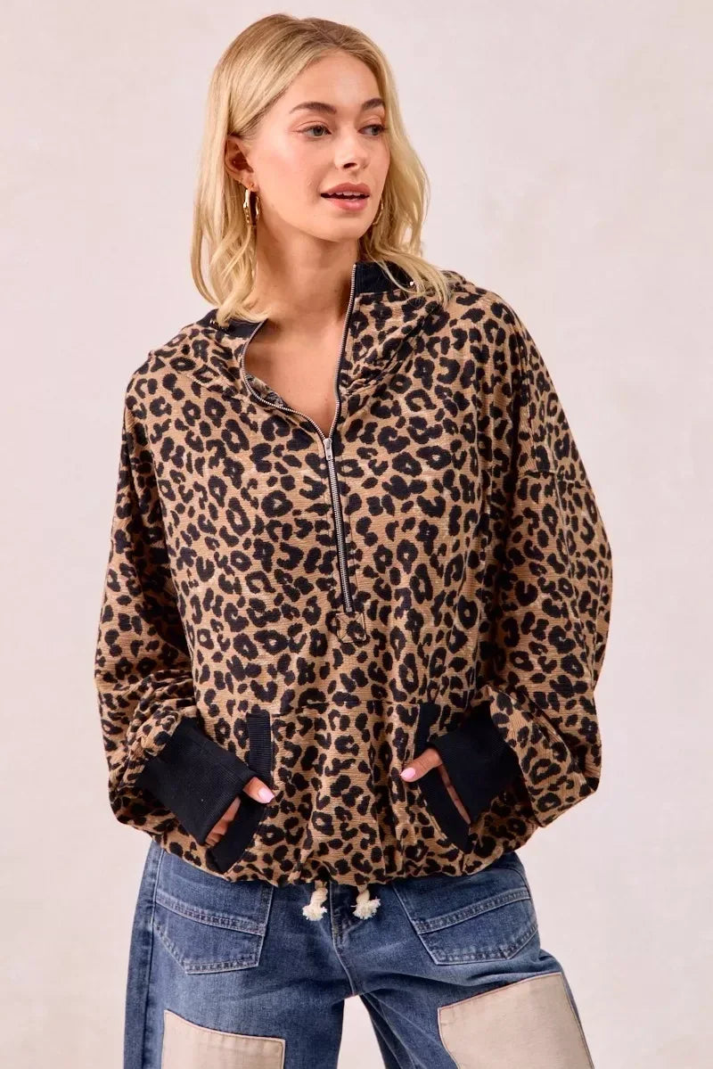 BiBi Leopard Print Waffle Half Zip Up Hoodie W Pocket - DAVERRI FASHIONS