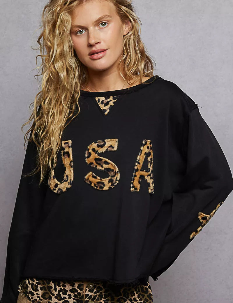 POL Round Neck Long Sleeve French Terry Sweatshirt with USA Letter Animal Patch | Sweatshirts Daverri Fashions