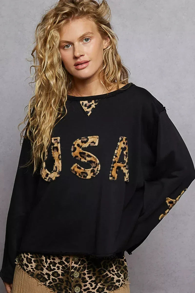 POL Round Neck Long Sleeve French Terry Sweatshirt with USA Letter Animal Patch - DAVERRI FASHIONS