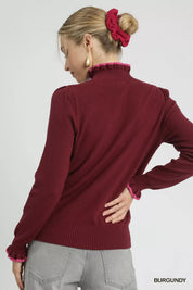 Umgee Ribbed Round Neck Sweater with Ruffle Contrast Trim | Sweaters Daverri Fashions