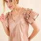 And The Why Faux Leather Ruffle Sleeves V Neck Top - DAVERRI FASHIONS