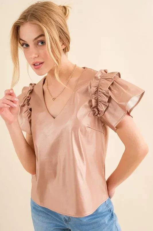 And The Why Faux Leather Ruffle Sleeves V Neck Top - DAVERRI FASHIONS