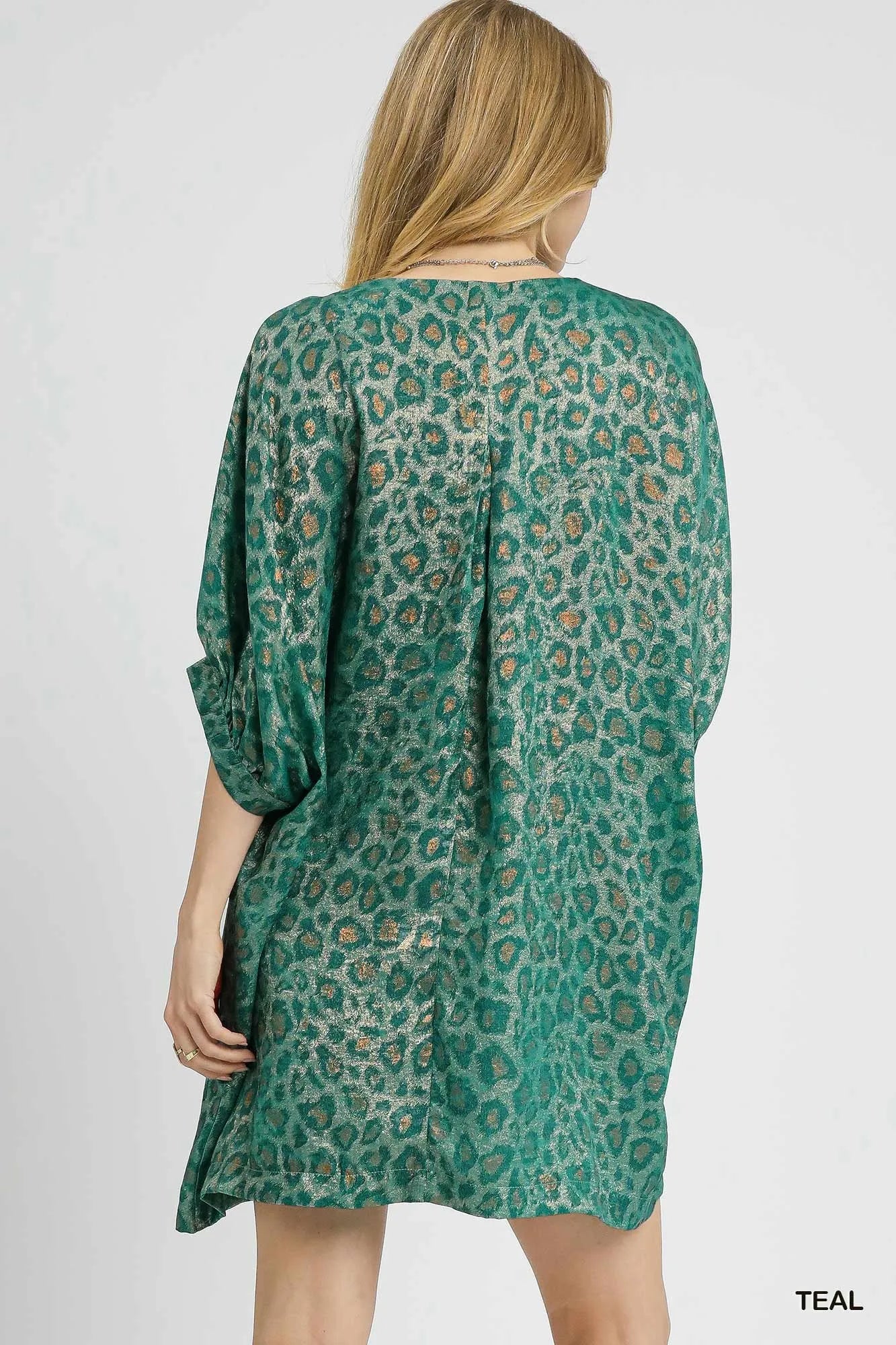 Umgee Metallic Leopard Print V-Neck Kimono Dress | Daverri Fashions