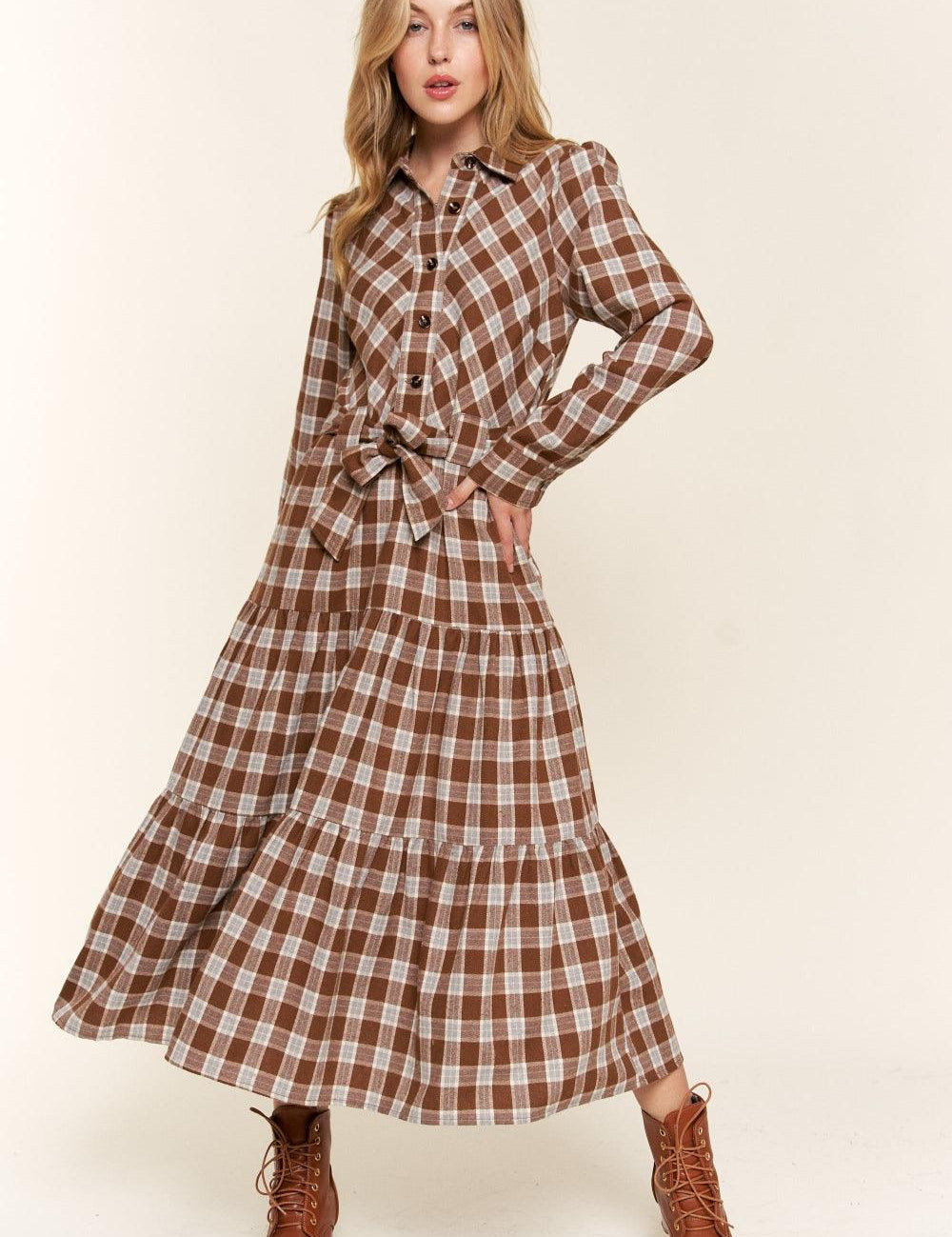 Brown And the Why Plaid Tiered Midi Shirt Dress | Daverri Fashions