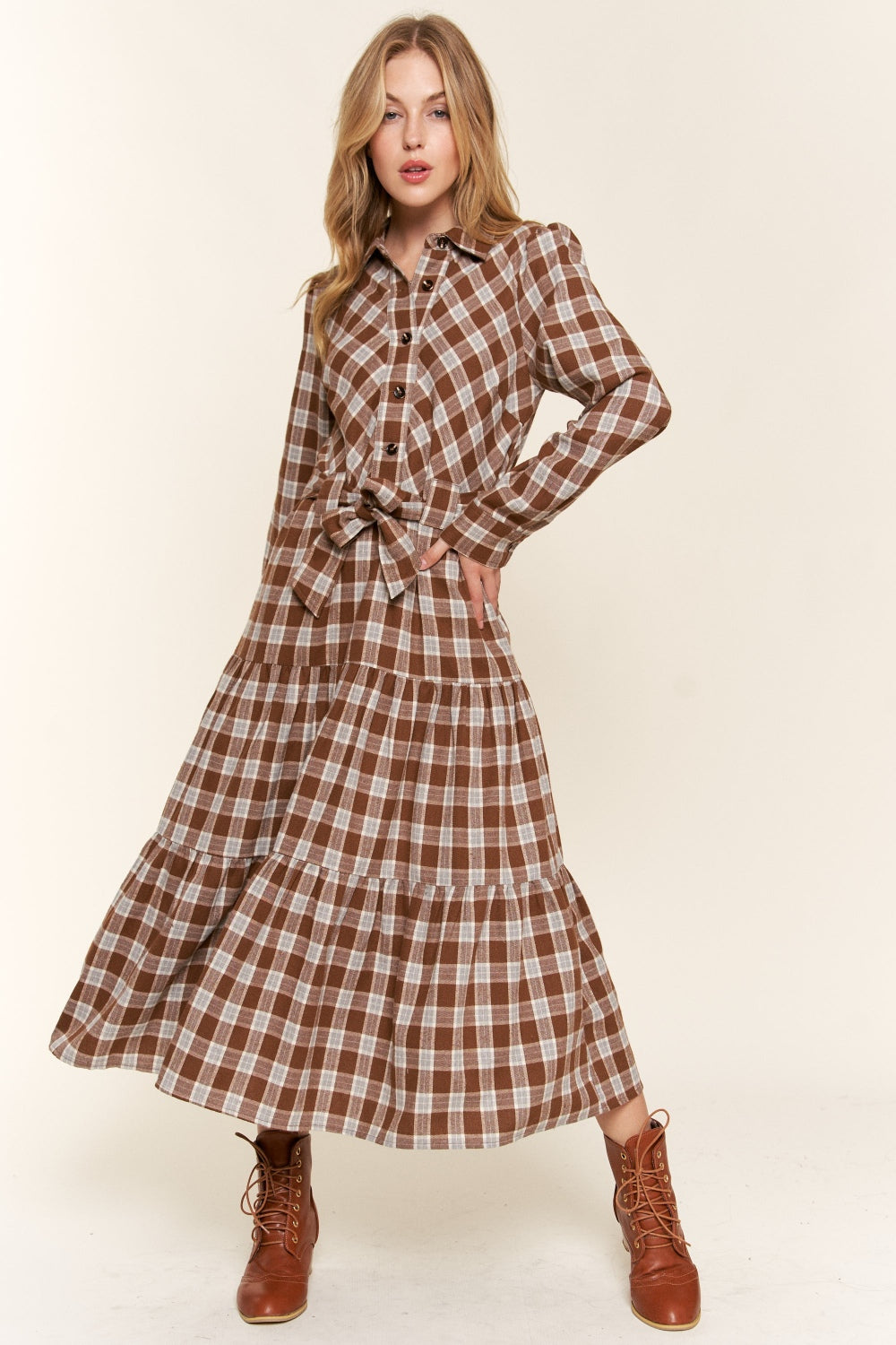 And the Why Plaid Tiered Midi Shirt Dress Brown