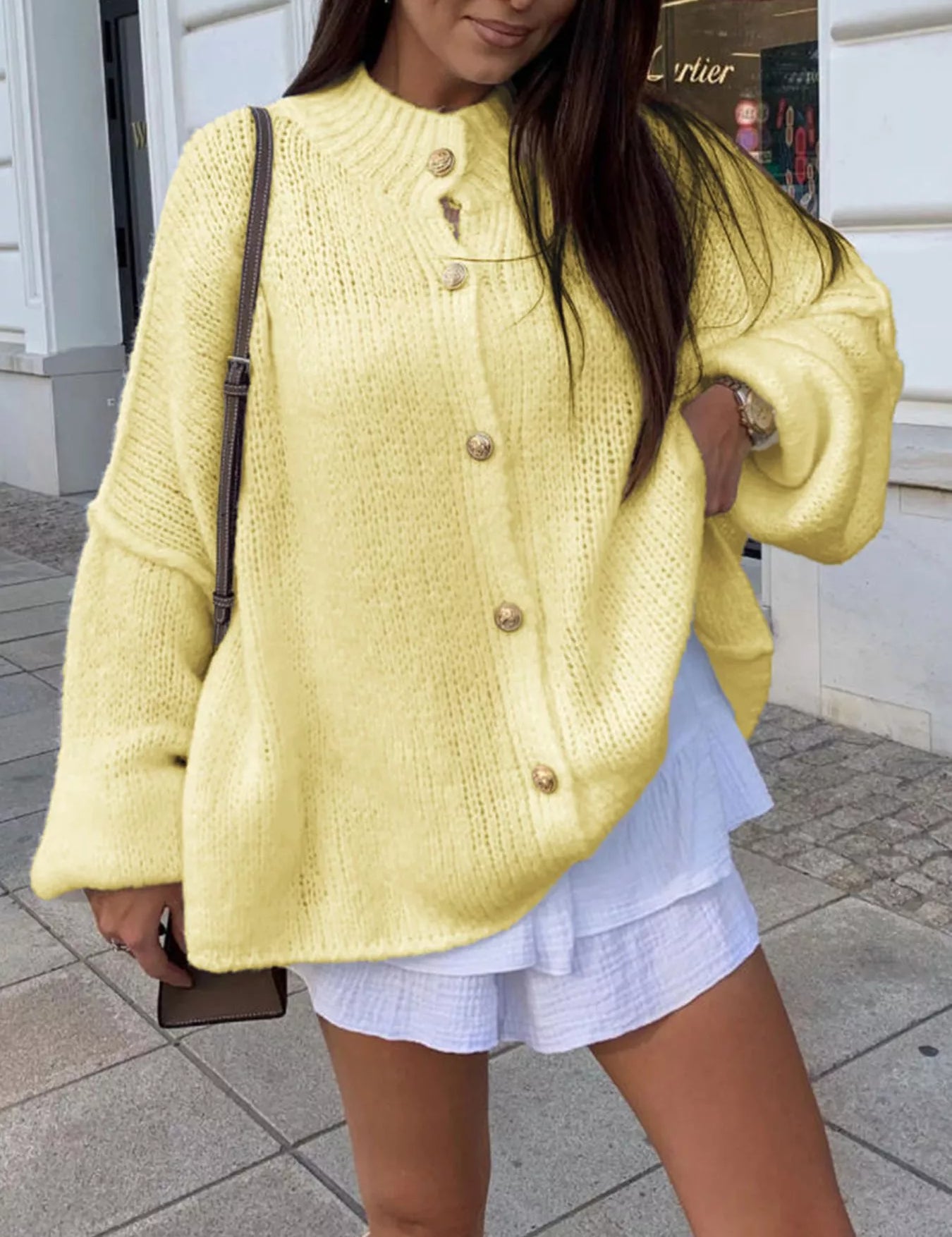 Pastel Yellow Oversized Knit Button-Down Batwing Sleeve Cardigan | Cardigans Daverri Fashions