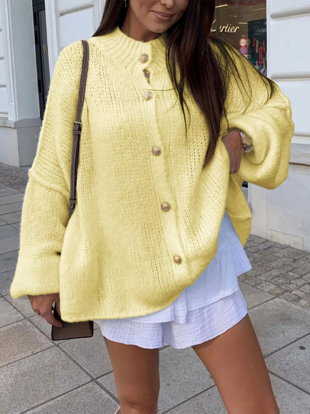 Pastel Yellow Oversized Knit Button-Down Batwing Sleeve Cardigan | Cardigans Daverri Fashions