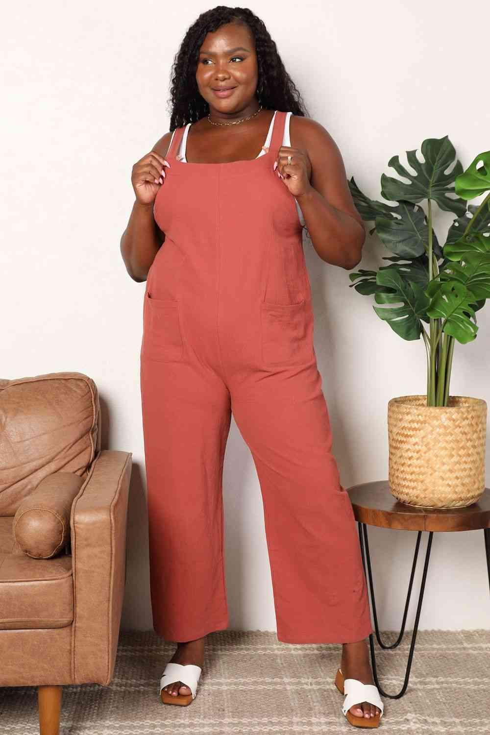 Perfee Wide Leg Overalls with Front Pockets Orange-Red S