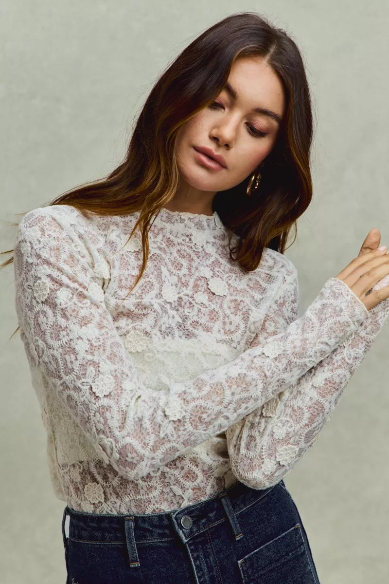 Delicate ivory SO ME lace long-sleeve top with floral embroidery