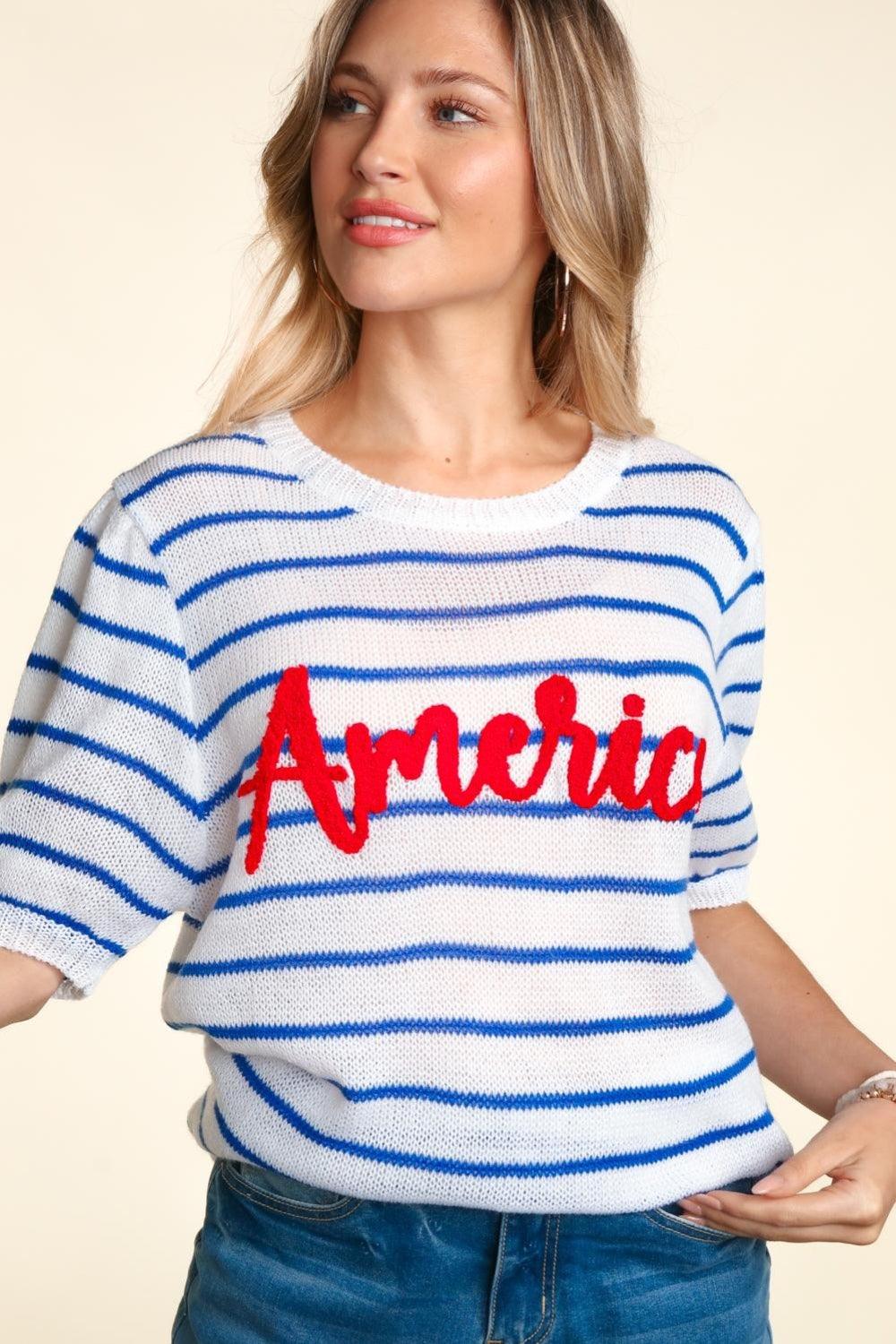 Haptics Letter Embroidery Striped Knit Top Sweaters