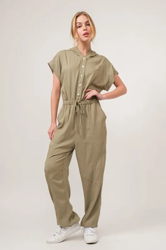 And The Why Washed Short Sleeve Hooded Jumpsuit OLIVE Jumpsuits
