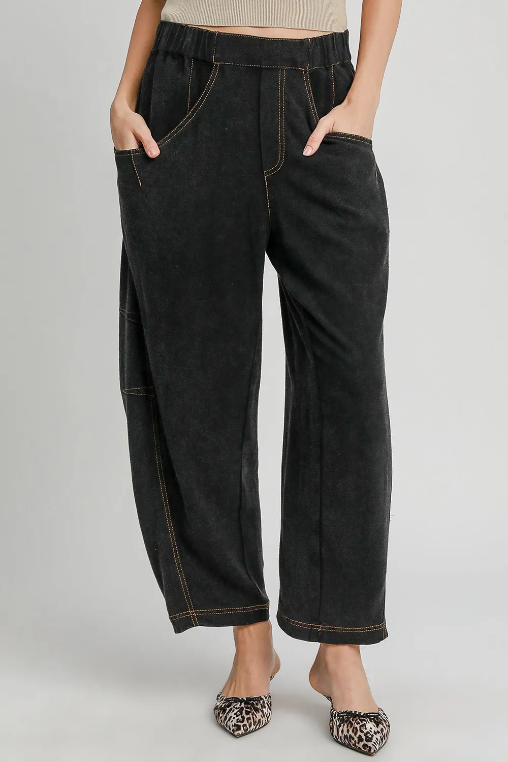 Umgee Elastic Waist Baggy Fit Pants with Pockets Black M
