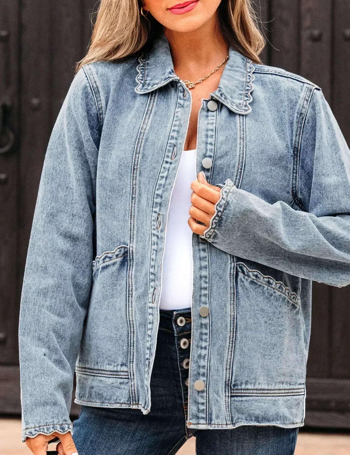 Scallop Trim Collar Patched Pocket Button Up Denim Jacket - DAVERRI FASHIONS