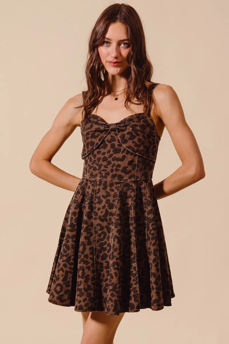 SO ME Mineral Washed Leopard Flare Cami Dress Mini Dresses