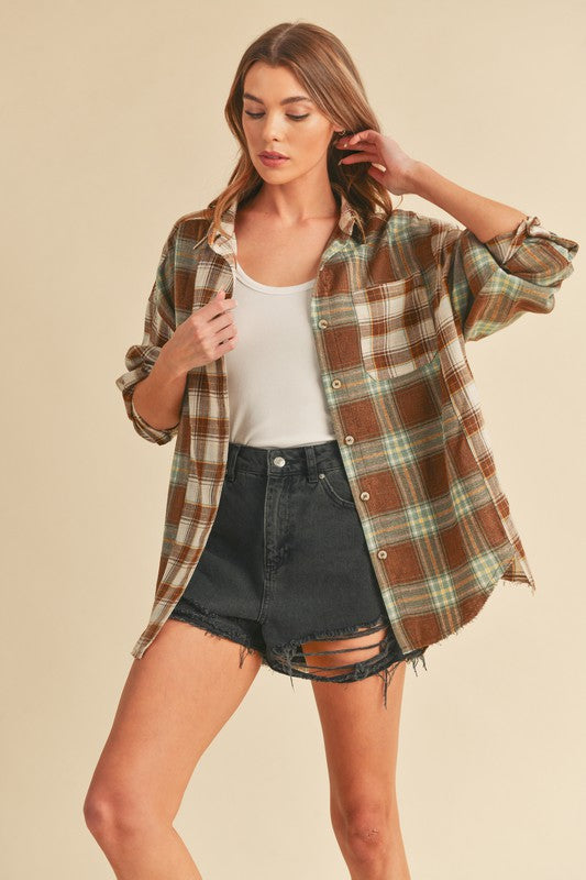 Aemi + Co Frayed Hem Plaid Button Up Flannel Shirt Brown White Sage Shirts