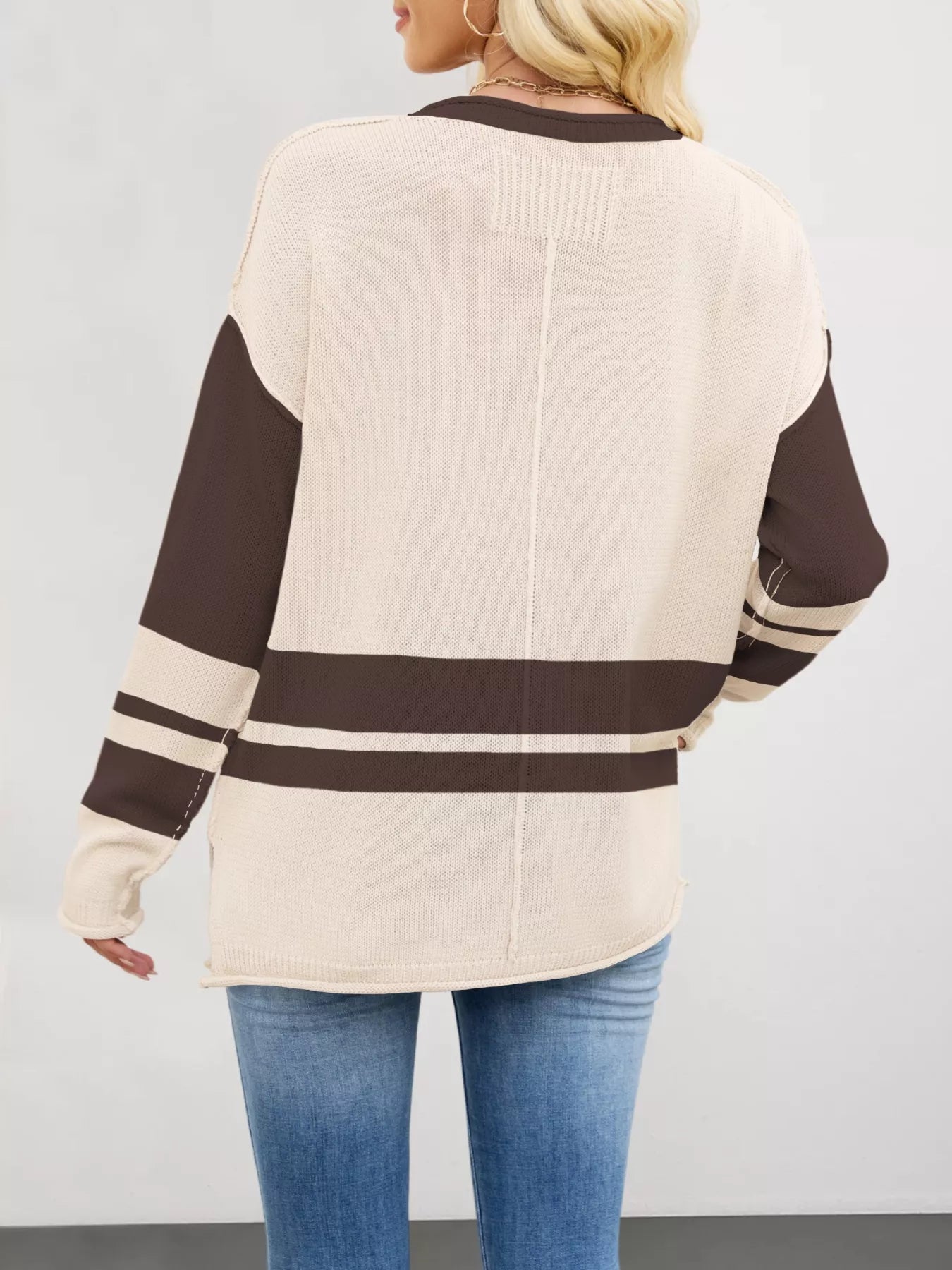Cream and brown color-blocked knit cardigan with ribbed details