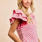 Pink polka-dot BiBi Heart patterned knit top with ruffled shoulder sleeves