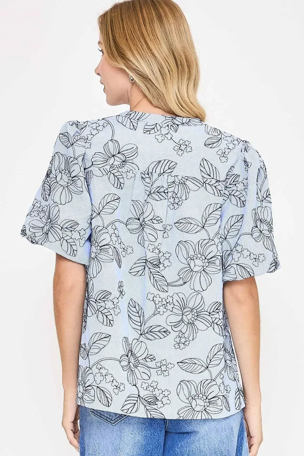 Umgee Floral Print Puff Sleeve Casual Blouse - DAVERRI FASHIONS